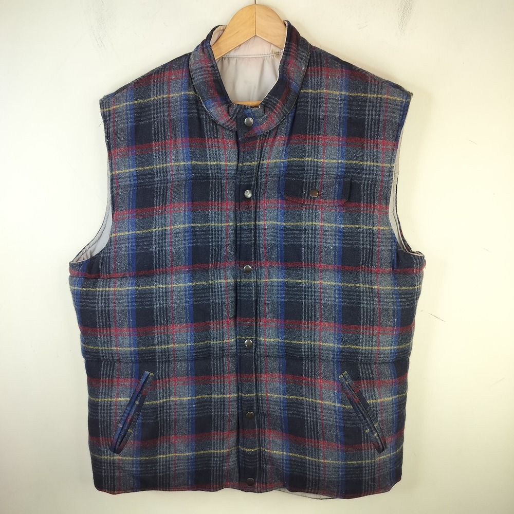 Vintage Plaid Wool Flannel Puffer Vest 2XLT Mens Snap‎ Front Outdoor Preppy Gorp